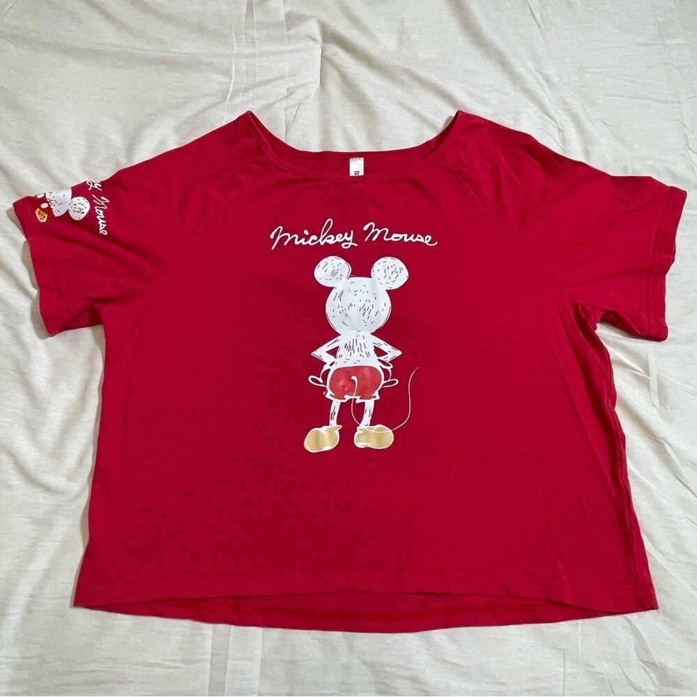 Disney Mickey Mouse T-Shirt Women L Red Graphic Cotton Blend Sleeve Detail